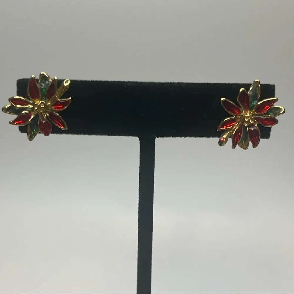 Vintage Festive Red and Green Poinsettia earrings and brooch.